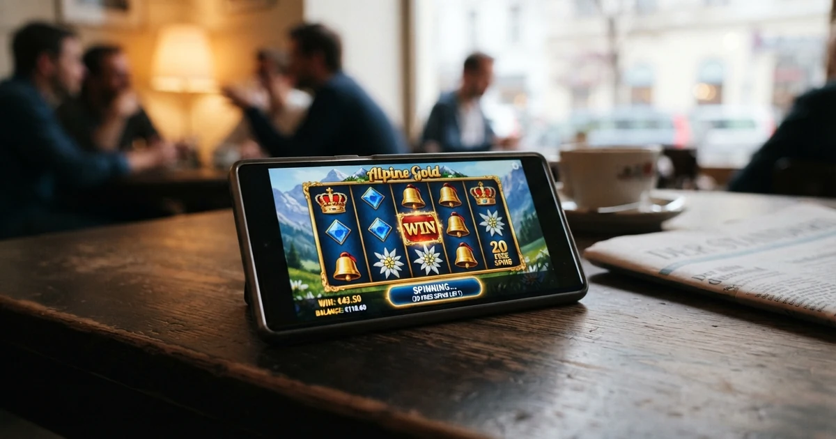 Ein rotierender Slot-Automat mit leuchtenden Symbolen auf einem dunklen Hintergrund, daneben ein Banner mit dem Text „20 Freispiele“