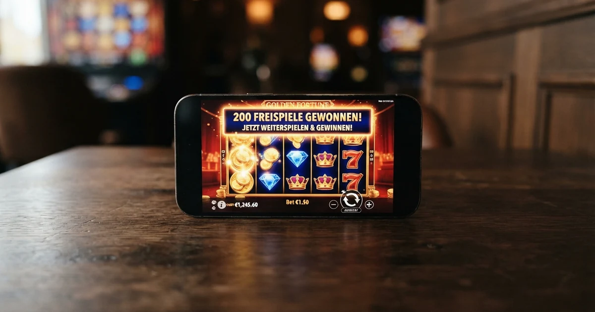 Eine Nahaufnahme eines Smartphone-Bildschirms mit geöffnetem Spielautomaten und einer eingeblendeten Freispiel-Anzeige, im Hintergrund angedeutet ein Casino-Interface