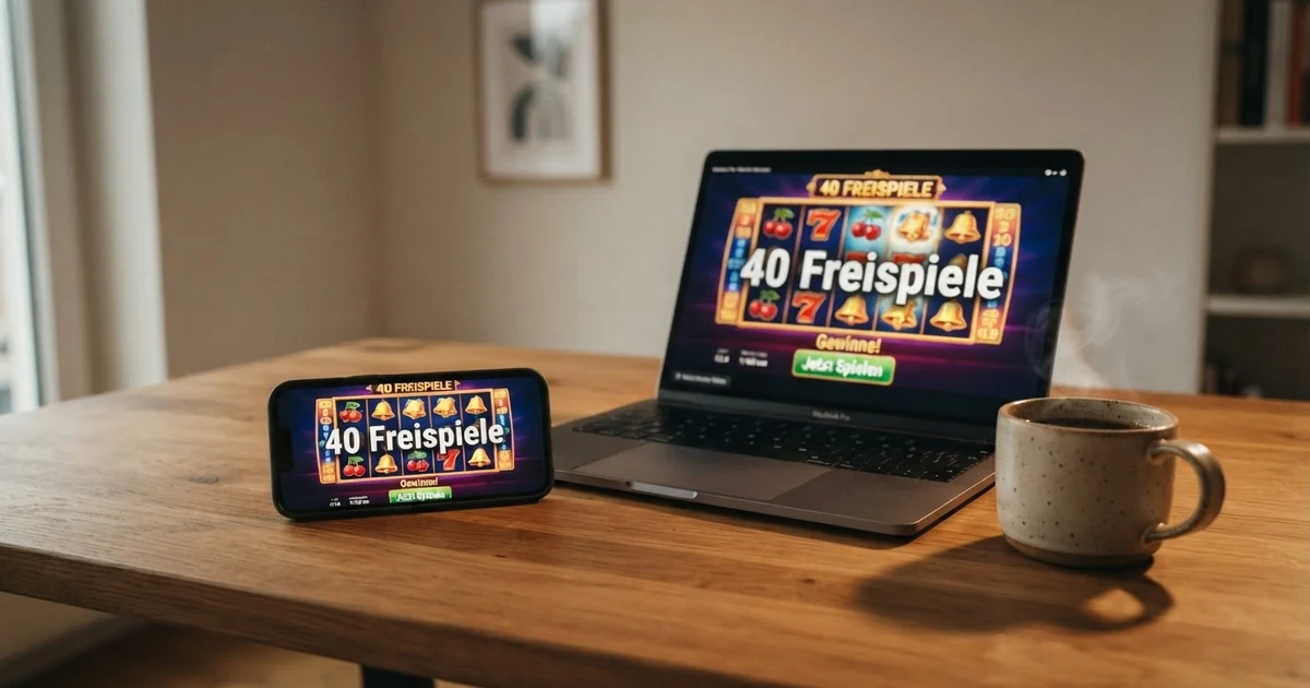 Ein Smartphone und ein Laptop zeigen nebeneinander die Walzen eines Online-Spielautomaten mit eingeblendetem „40 Freispiele“-Schriftzug, auf einem Holztisch mit einer Tasse Kaffee