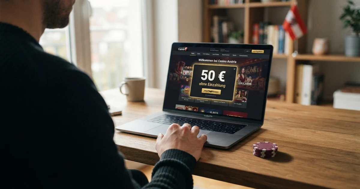 Ein geöffneter Laptop zeigt ein Online-Casino-Fenster mit einem Bonus-Popup „50 € Bonus ohne Einzahlung“, daneben liegt eine Paysafecard mit aufgedrucktem 50-Euro-Wert auf einem Schreibtisch