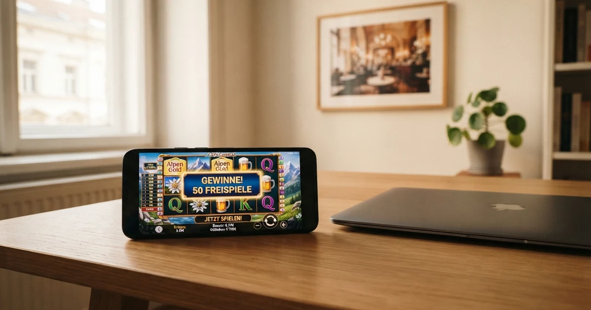 Ein Smartphone und ein Laptop zeigen die Willkommensseite eines Online-Casinos mit leuchtenden Spielautomaten-Symbolen und dem Schriftzug „50 Freispiele ohne Einzahlung“.