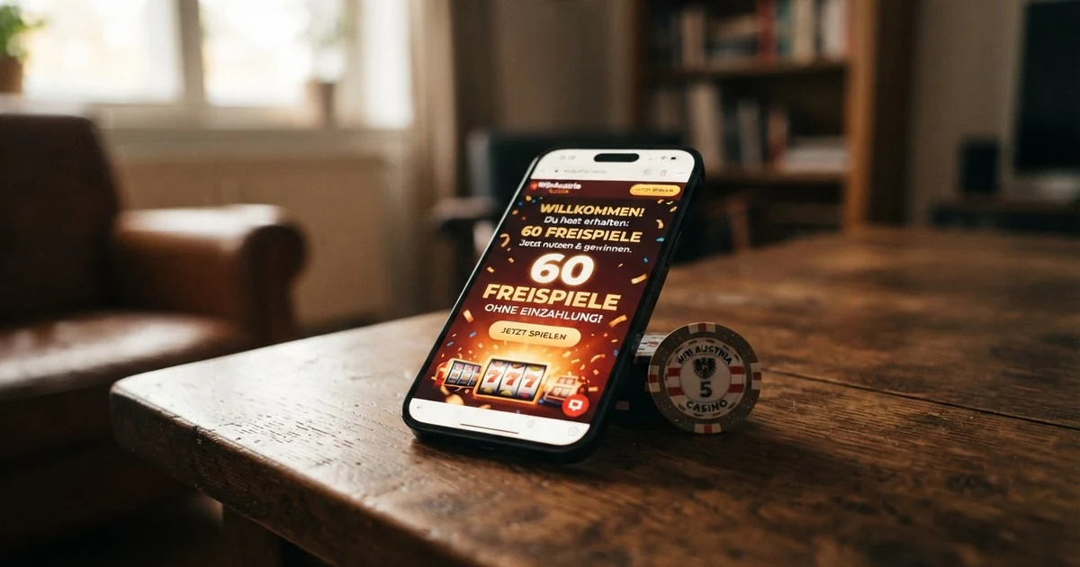 Smartphone-Bildschirm mit einer Casino-App, die 60 Freispiele als gutgeschriebenen Bonus anzeigt