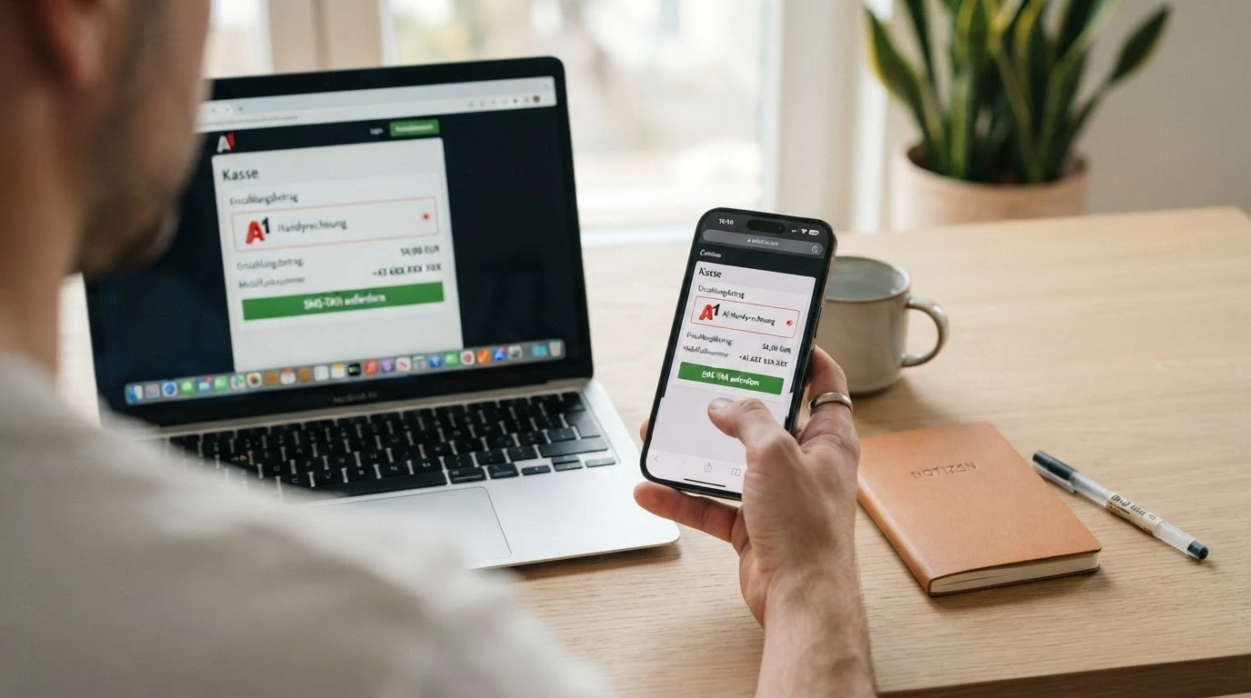 Eine schematische Schritt-für-Schritt-Darstellung: Casino-Kasse, Auswahl „A1“, SMS mit TAN-Code auf dem Handy, Bestätigungsbildschirm