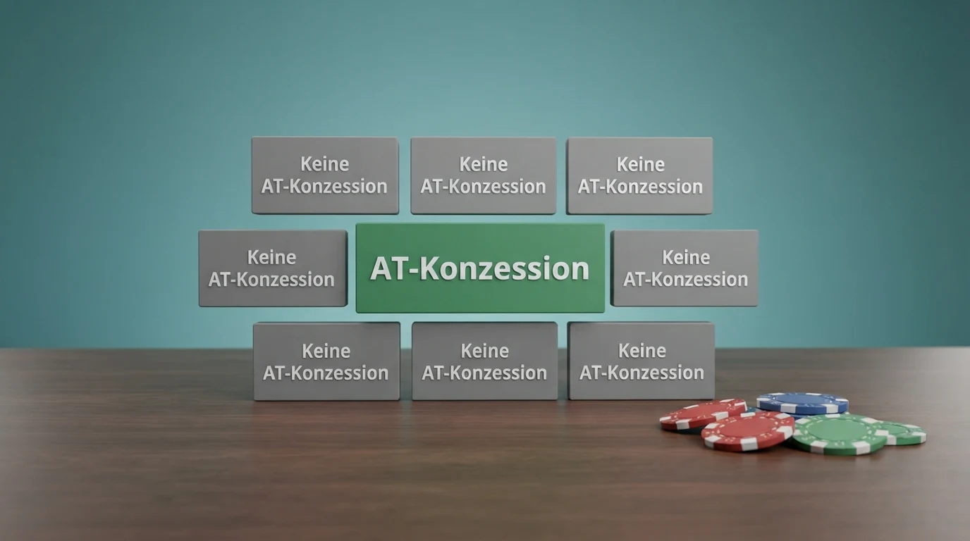 Eine tabellarische Übersicht mit Casino-Logos und farblich markierten Lizenzstatus-Symbolen — grün für „AT-Konzession“, grau für „keine AT-Konzession“