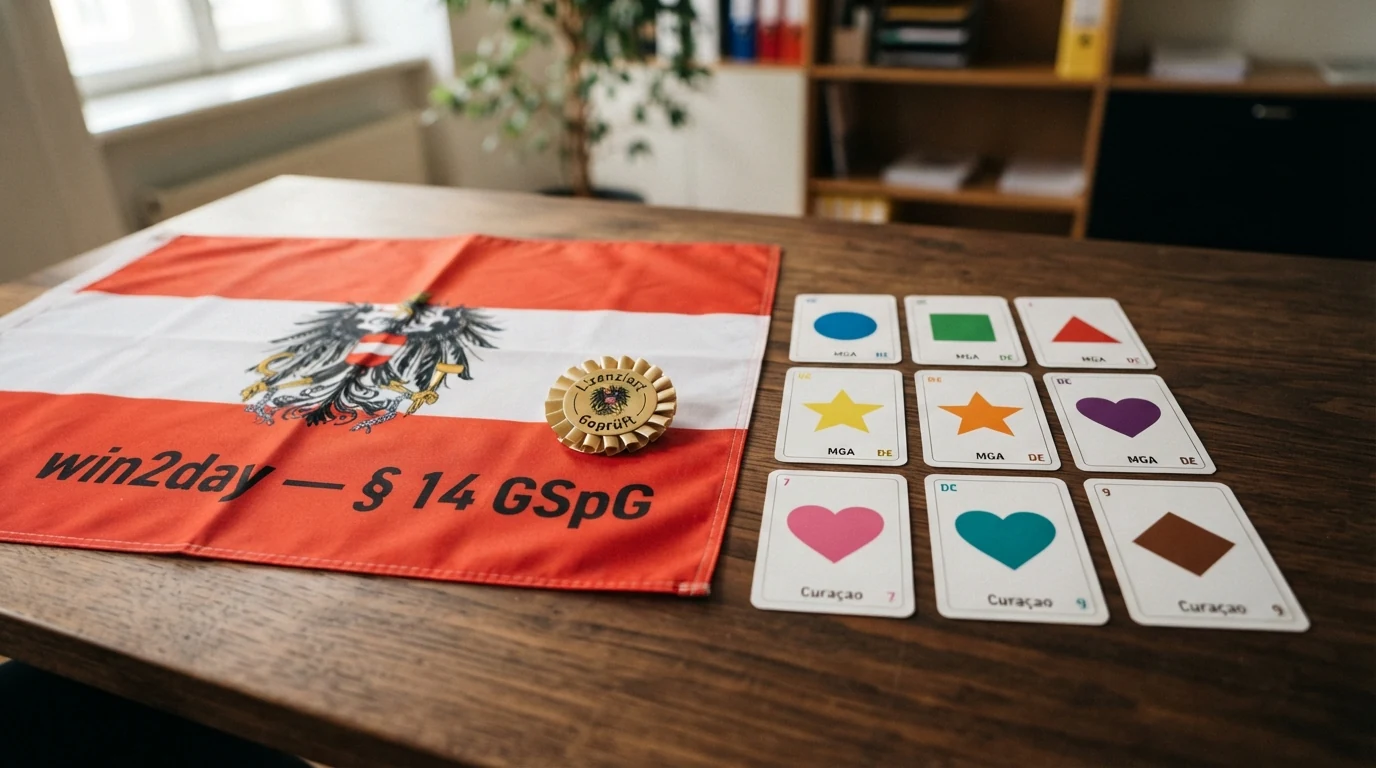 Schematische Darstellung: eine große AT-Flagge mit „win2day — § 14 GSpG“ auf der linken Seite, rechts neun kleinere Karten mit MGA- und Curaçao-Symbolen