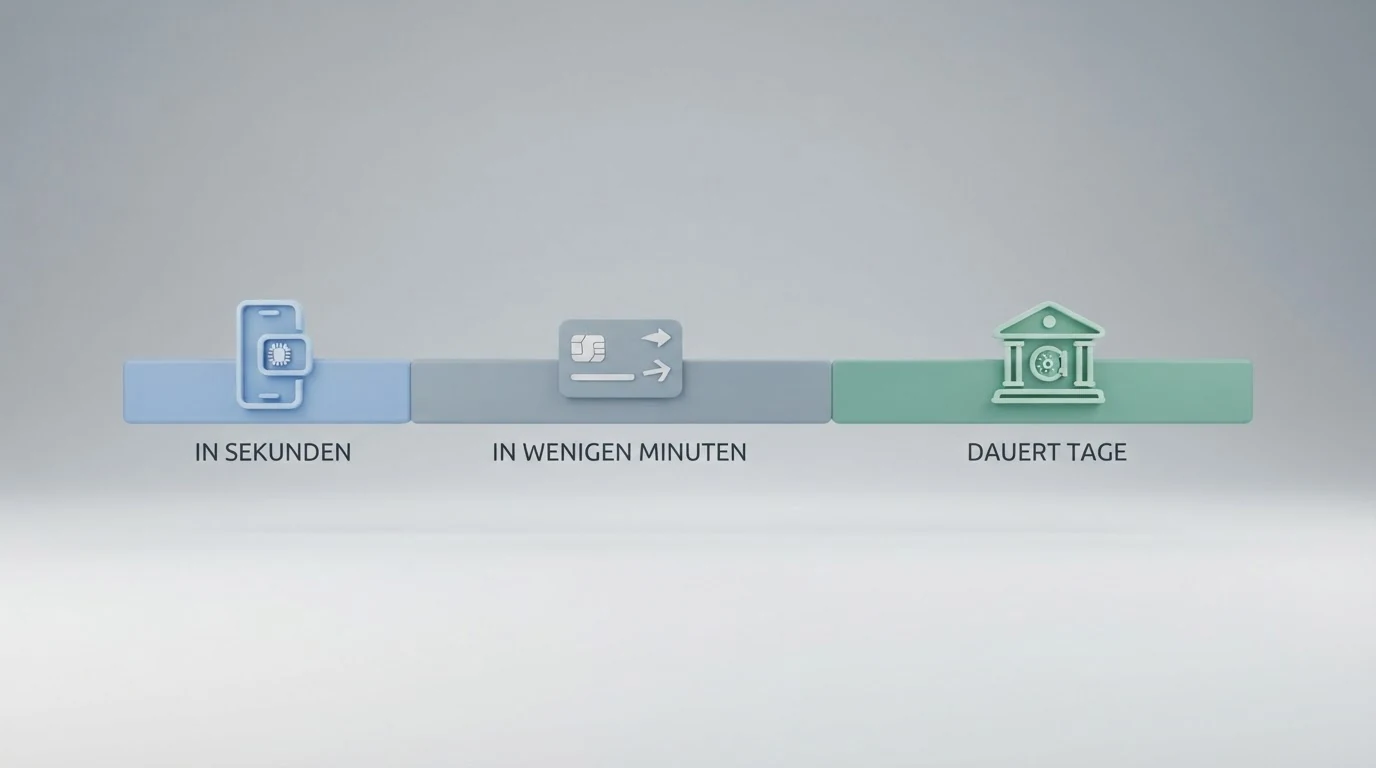 Die Logos von PayPal, Skrill, Visa und einer Bank auf einer stilisierten Zeitleiste mit unterschiedlich langen Balken
