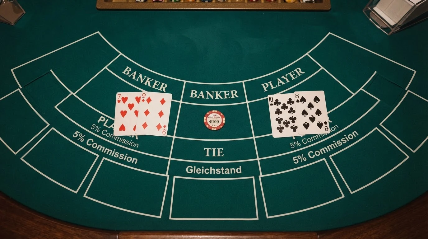 Ein Baccarat-Spieltisch aus der Vogelperspektive mit den drei markierten Wettfeldern Banker, Player und Tie sowie ausgelegten Karten