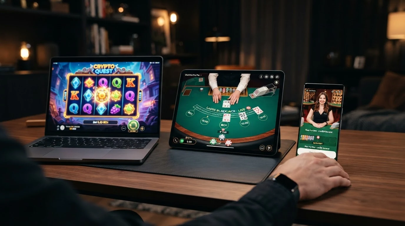 Eine Collage aus Casino-Spieloberflächen: ein Slot-Automat mit Walzen, ein Blackjack-Tisch und ein Live-Dealer-Studio auf verschiedenen Bildschirmen