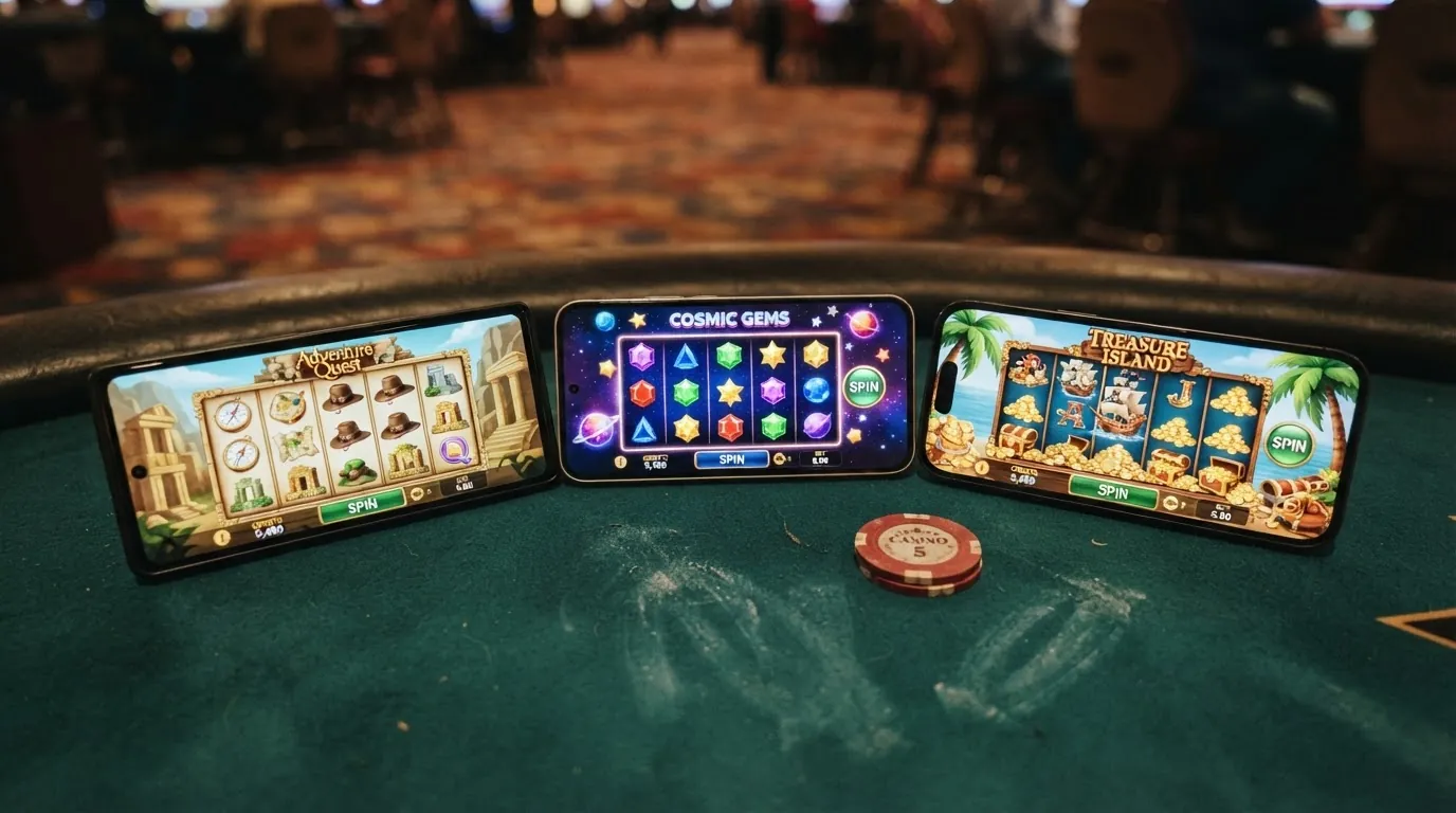 Drei Spielautomaten-Bildschirme nebeneinander: Book of Dead, Starburst und Gonzo's Quest — die drei am häufigsten in Bonus-Angeboten eingesetzten Slots