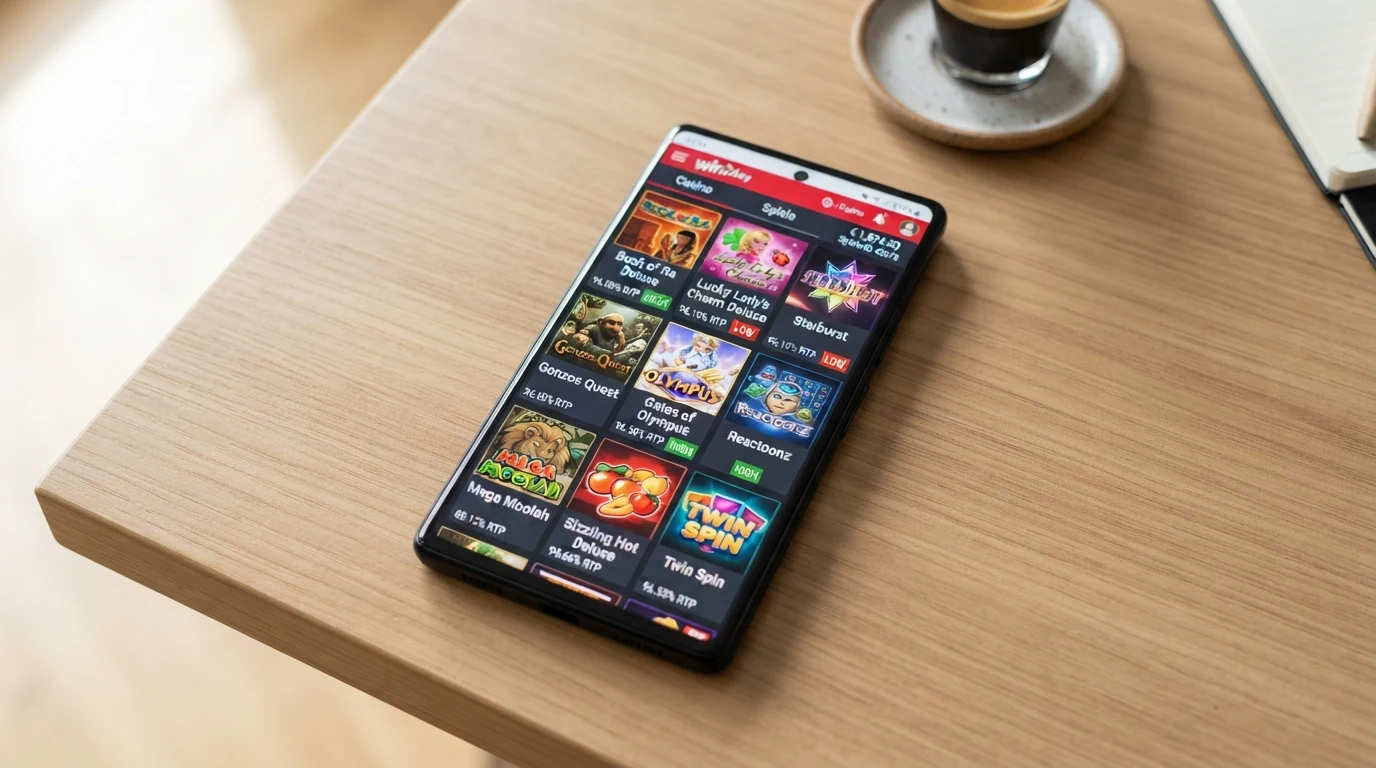 Bildschirm eines Smartphones mit der Spielauswahl eines Online Casinos, darunter Book of Dead, Starburst und Gates of Olympus
