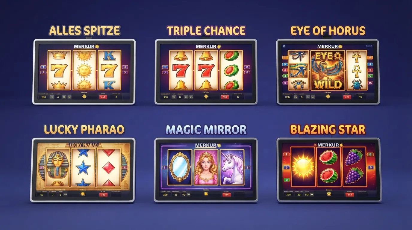 Sechs der beliebtesten Merkur-Slot-Titel als gerenderte Walzen-Ansichten im Raster — Alles Spitze, Triple Chance, Eye of Horus, Lucky Pharao, Magic Mirror und Blazing Star mit ihren charakteristischen Symbolen