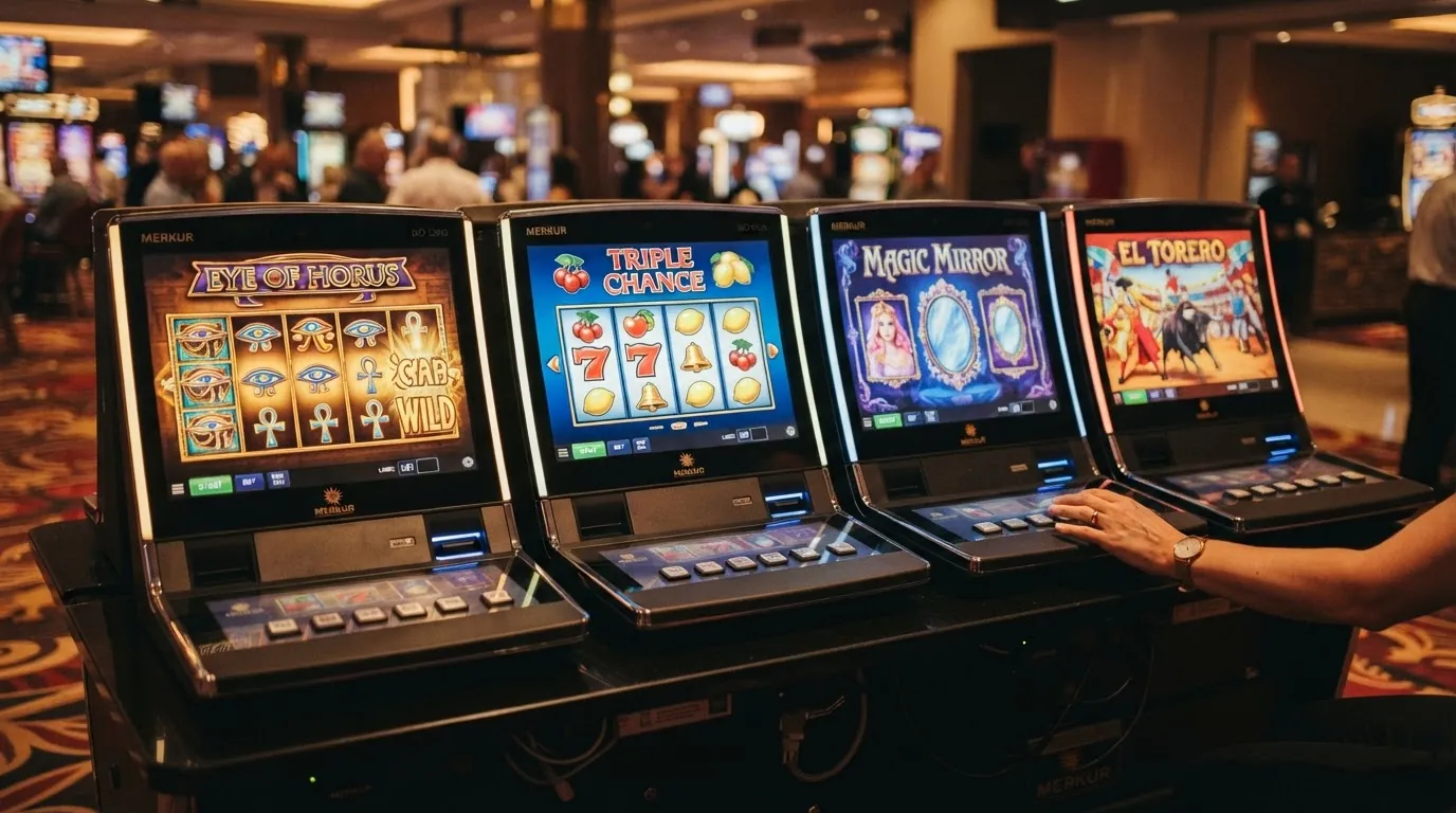 Kachel-Ansicht der beliebtesten Merkur-Slots in einer Casino-Lobby — Eye of Horus, Triple Chance, Magic Mirror und El Torero nebeneinander