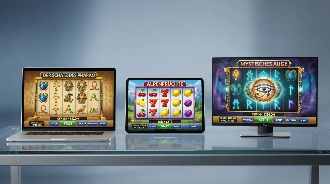 Drei nebeneinander angeordnete Slot-Bildschirme mit den erkennbaren Walzenbildern von Book of Ra (ägyptisch), Sizzling Hot (Früchte) und Eye of Horus (Augen-Symbol), alle im Demo-Modus mit Spielgeld-Anzeige