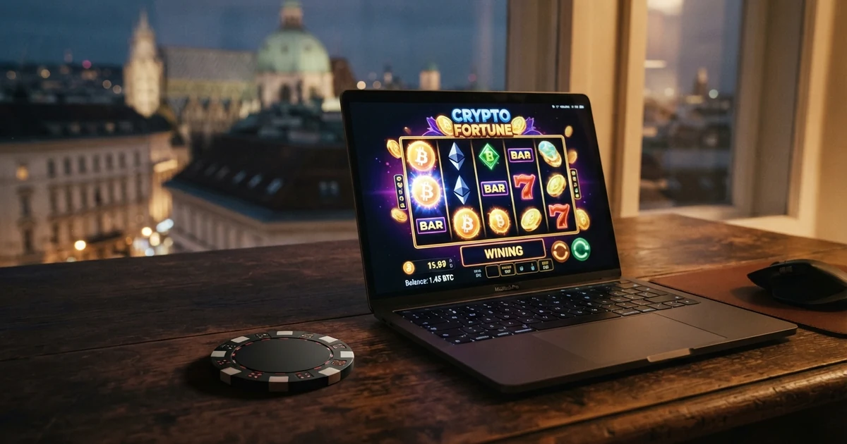 Zehn Krypto-Casino-Logos nebeneinander auf dunklem Hintergrund mit einer stilisierten Blockchain-Grafik