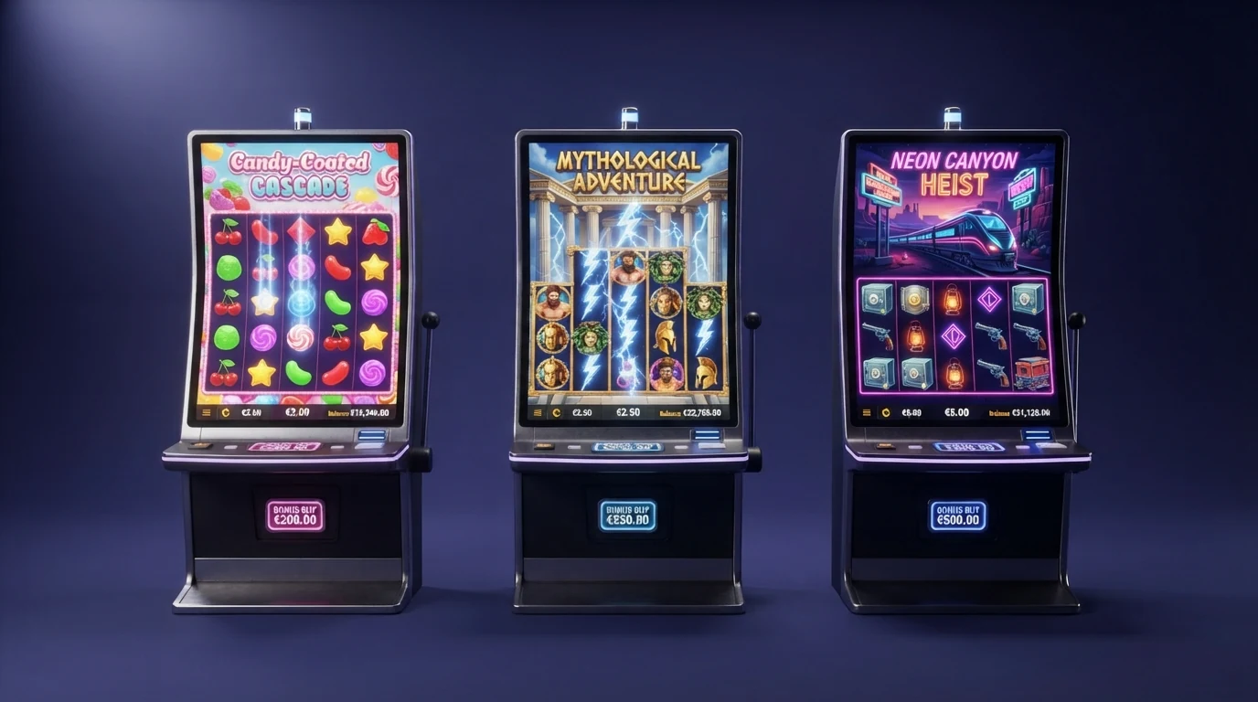 Eine Auswahl beliebter Bonus-Buy-Slots mit ihren Titelbildern — Sweet Bonanza, Gates of Olympus und Money Train 3