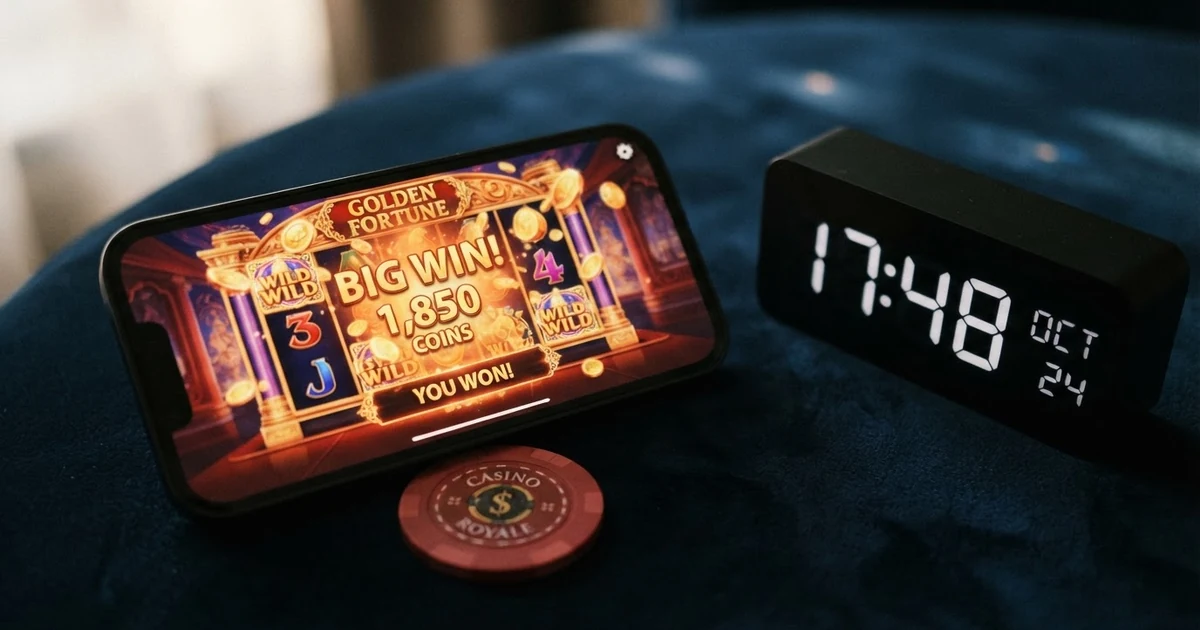 Eine Digitaluhr neben einem Smartphone mit Casino-Oberfläche und einem Geldschein – auf einem dunkelblauen Hintergrund
