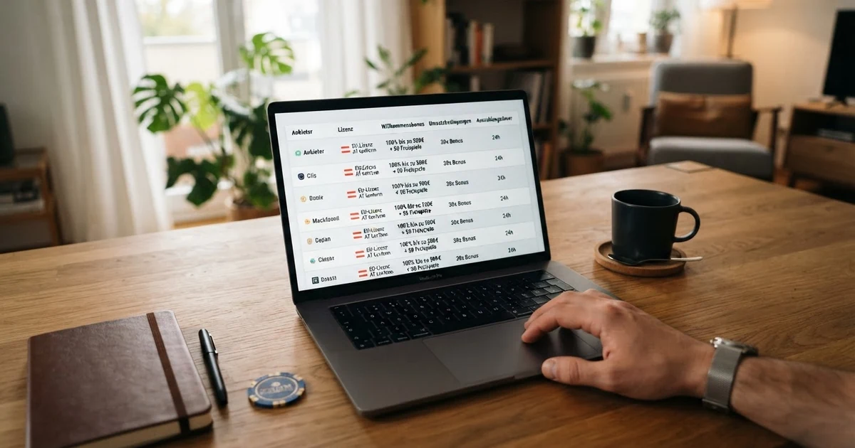 Bildschirm mit Vergleichstabelle und Casino-Logos der getesteten Anbieter