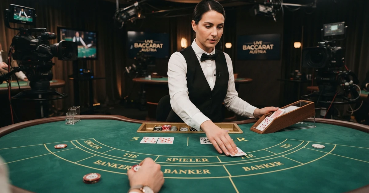 Ein Live-Croupier an einem Baccarat-Tisch vor einem mehrkammerigen Studio-Setup, Karten werden aus einem Kartenschlitten gezogen
