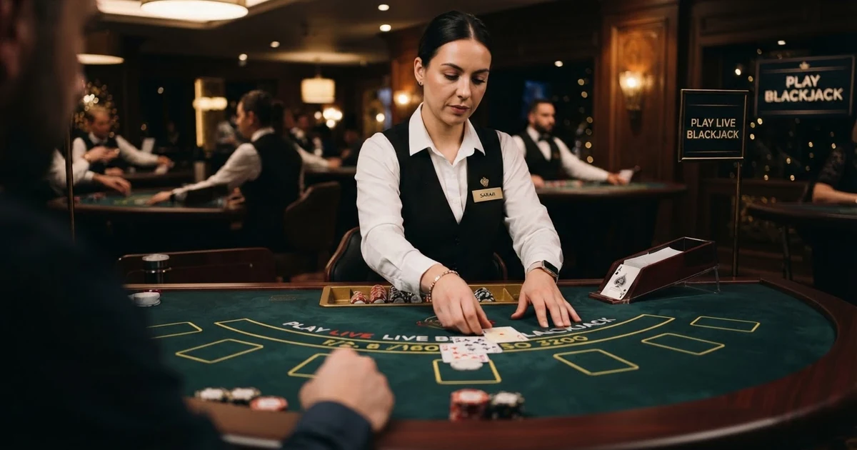 Live-Croupier am Blackjack-Tisch, der Karten aus einem Kartenschlitten zieht, im Hintergrund ein gedimmtes Casino-Ambiente mit grünem Filztisch und warmem Licht