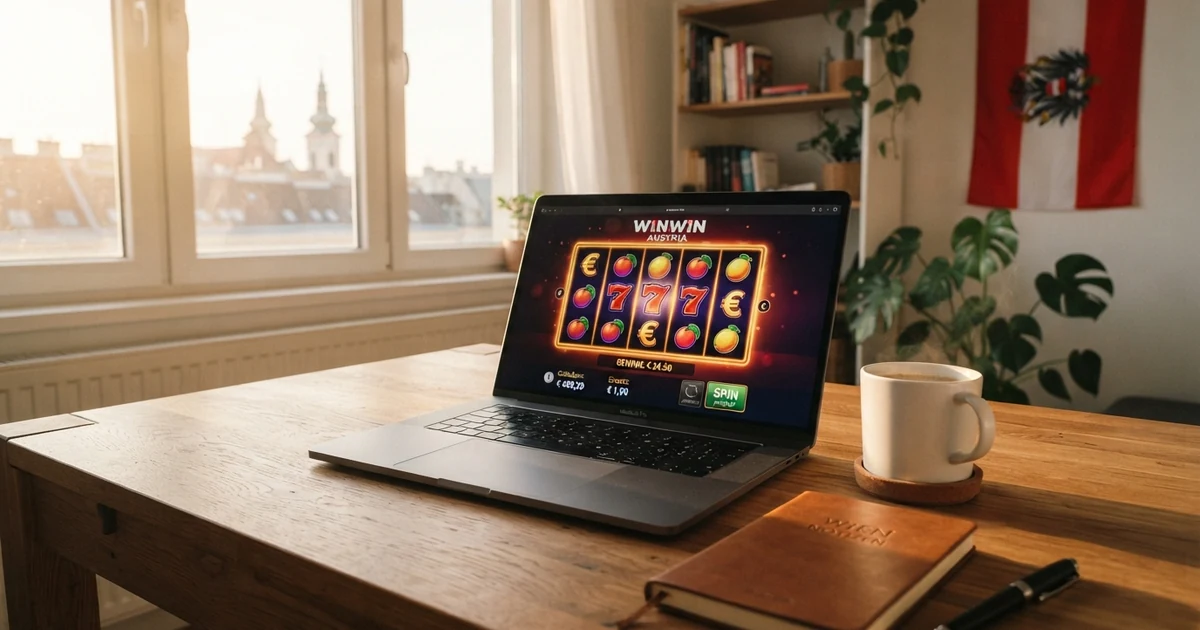 Ein Laptop mit geöffneter Casino-Website auf einem Schreibtisch, daneben ein Kaffee, im Hintergrund unscharf eine österreichische Flagge an der Wand