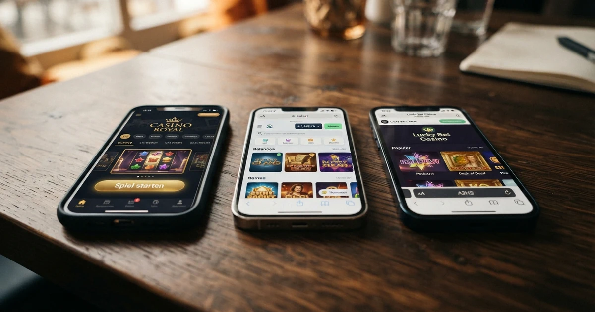 Drei Smartphones nebeneinander, die jeweils eine andere Casino-App-Oberfläche zeigen — eine native App, eine Web-App im Browser und eine PWA mit Homescreen-Icon