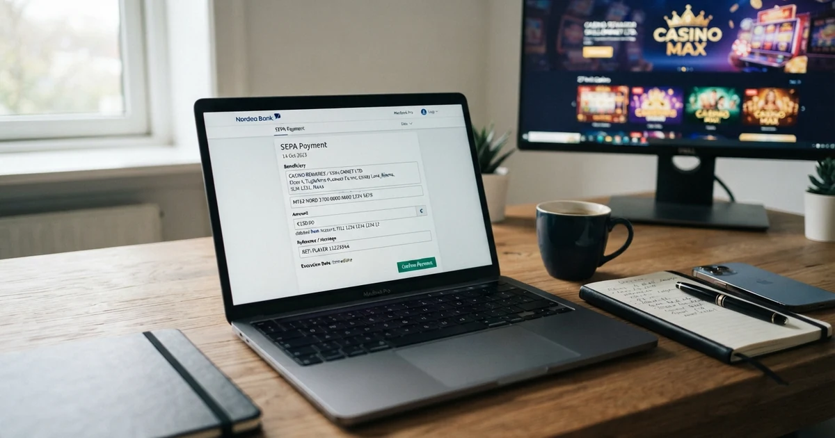 Ein Online-Banking-Fenster mit einer ausgefüllten SEPA-Überweisung und im Hintergrund eine Casino-Website mit Spielauswahl
