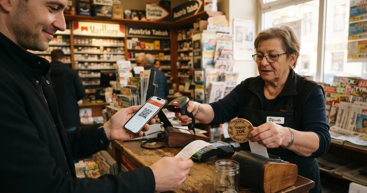 Ein Kunde scannt an der Kasse einer österreichischen Trafik einen CashtoCode-Barcode mit dem Smartphone, während der Kassierer den Betrag entgegennimmt