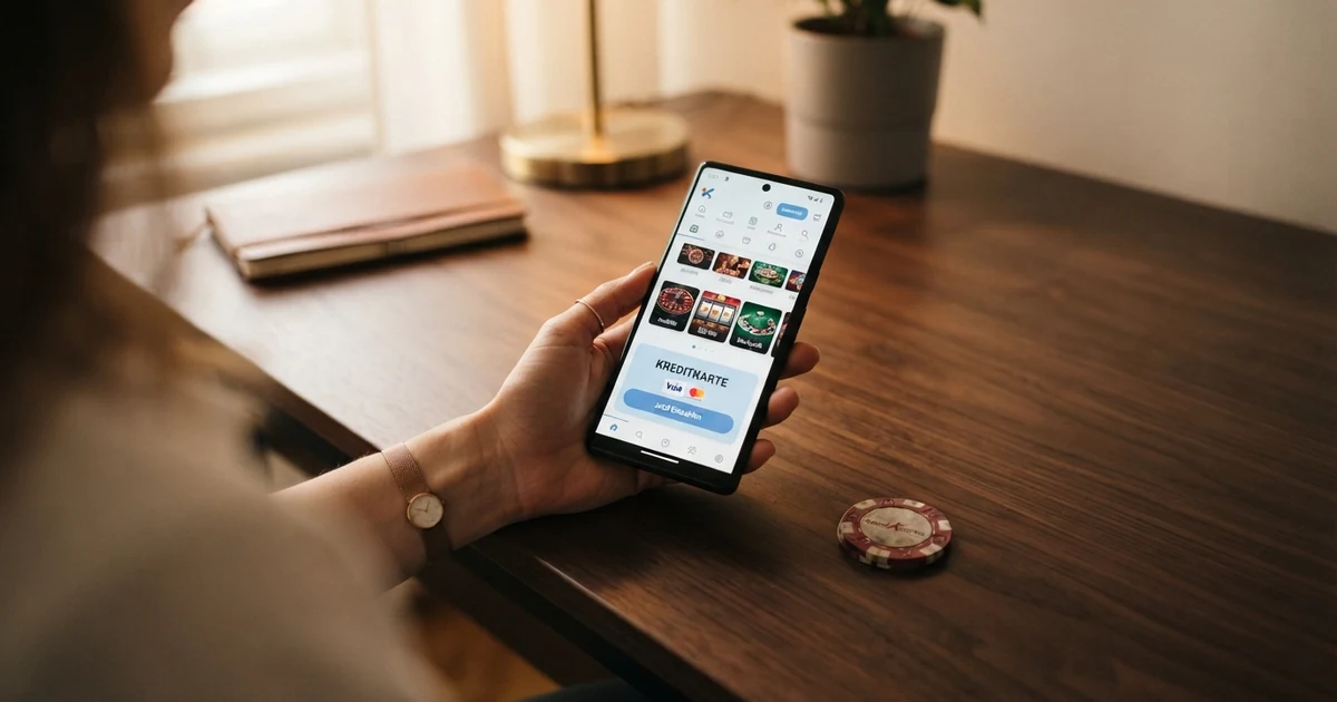 Eine Mastercard-Kreditkarte liegt auf einem Smartphone, auf dessen Display eine Casino-Oberfläche mit der hervorgehobenen Mastercard-Einzahlungsoption zu sehen ist