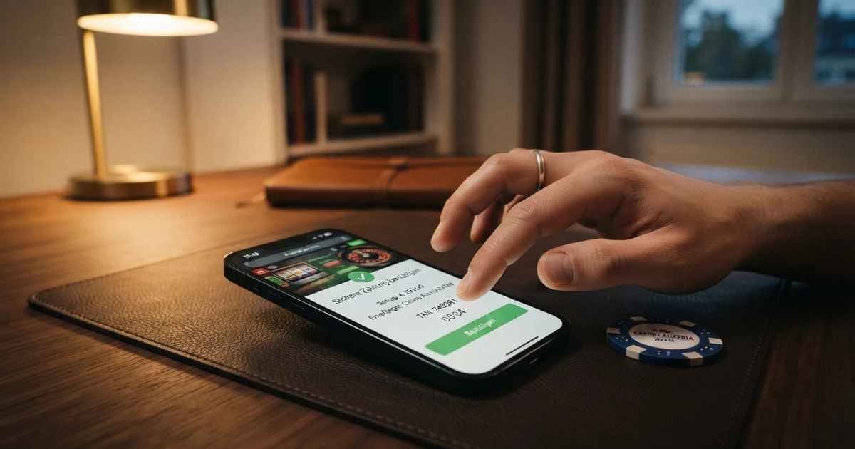 MuchBetter-App auf einem Smartphone mit Casino-Interface im Hintergrund, dynamischer Sicherheitscode auf dem Display sichtbar