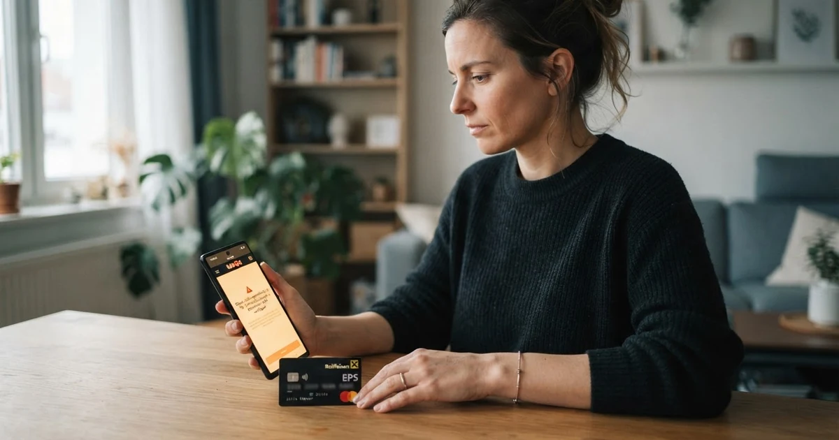 Ein Smartphone-Bildschirm zeigt eine abgelehnte PayPal-Zahlungsmeldung auf einer Casino-Website, daneben liegt eine österreichische Bankomatkarte mit EPS-Logo