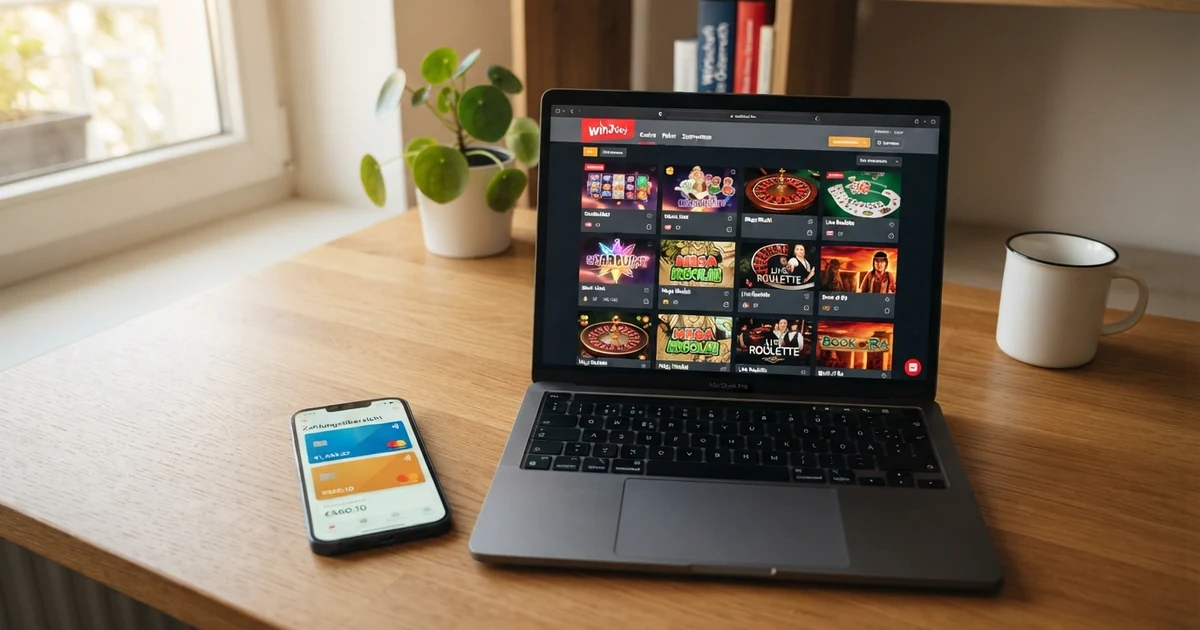 Revolut-App auf einem Smartphone-Bildschirm mit geöffneter Kartenübersicht, daneben ein Laptop mit Casino-Startseite