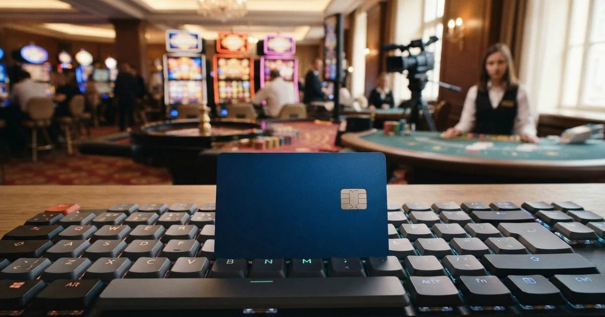 Eine Visa-Kreditkarte liegt auf einer Tastatur, im Hintergrund ist eine Casino-Lobby mit Spielautomaten zu sehen