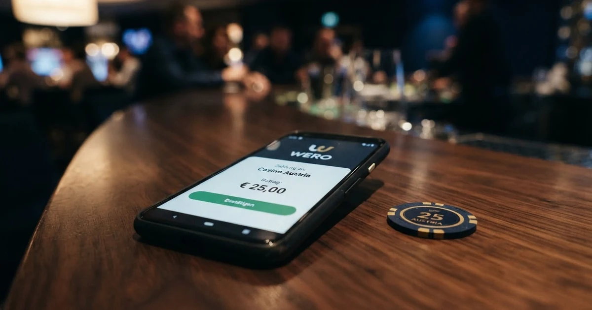 Eine Nahaufnahme eines Smartphones mit geöffneter Wero-App vor einem dunklen Hintergrund mit Casino-Motiven — das Telefon zeigt eine nicht verfügbare Zahlungsoption