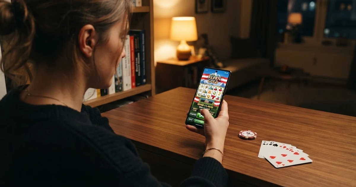 Eine Collage aus Casino-Elementen: Spielkarten, ein Smartphone mit Casino-Oberfläche, das win2day-Logo und ein Schloss-Symbol für Sicherheit