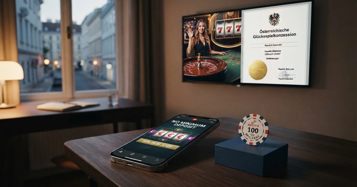 Eine grafische Gegenüberstellung: auf der linken Seite die verlockende Werbebotschaft „Casino ohne Mindesteinzahlung“, auf der rechten Seite die österreichische Rechtsrealität mit einem einzigen lizenzierten Anbieter und neun nicht konzessionierten Alternativen.