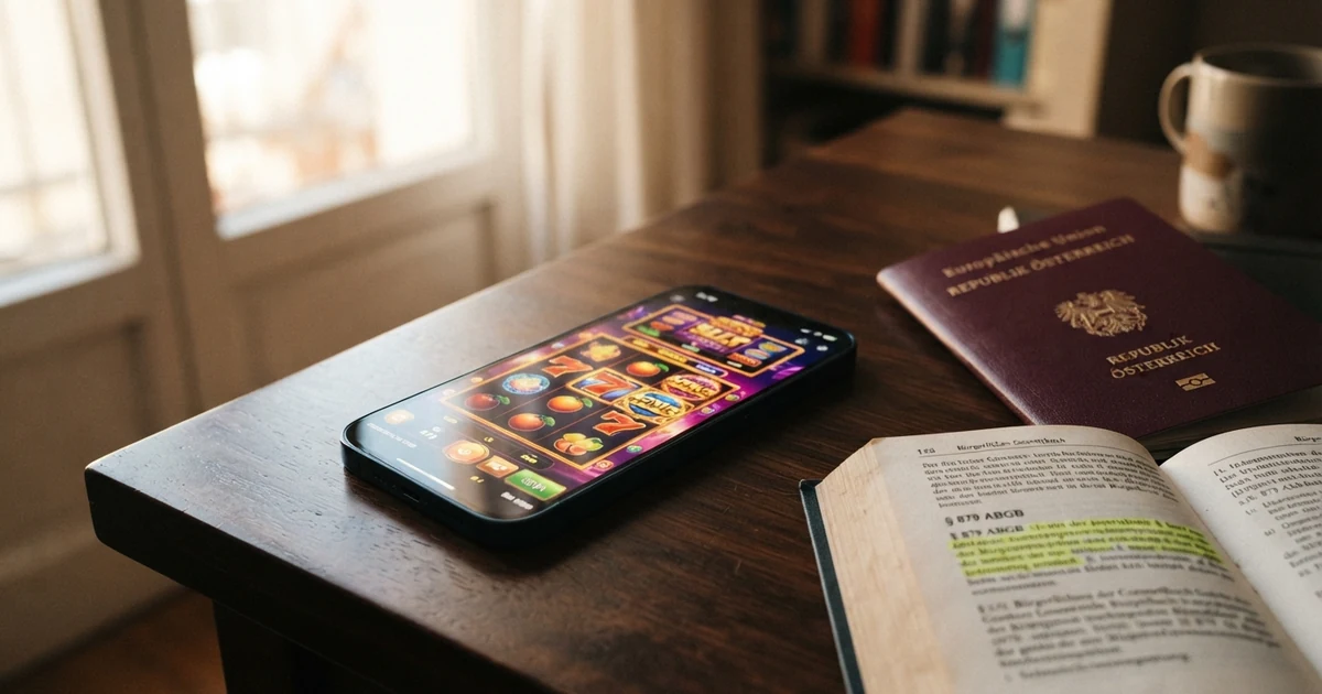 Ein Smartphone mit geöffneter Casino-App vor einem österreichischen Reisepass und einem Paragrafen-Symbol