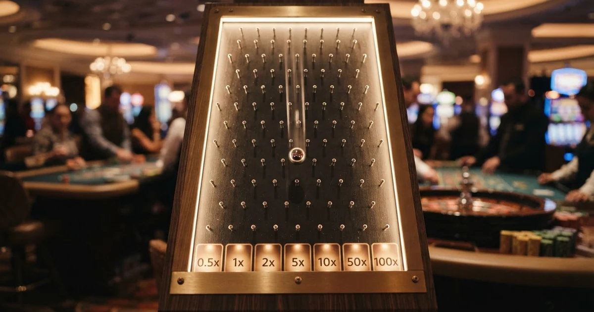 Ein pyramidenförmiges Plinko-Board mit 16 Reihen, Stiften und nummerierten Multiplikator-Feldern am unteren Rand — ein Ball fällt durch die Stifte.