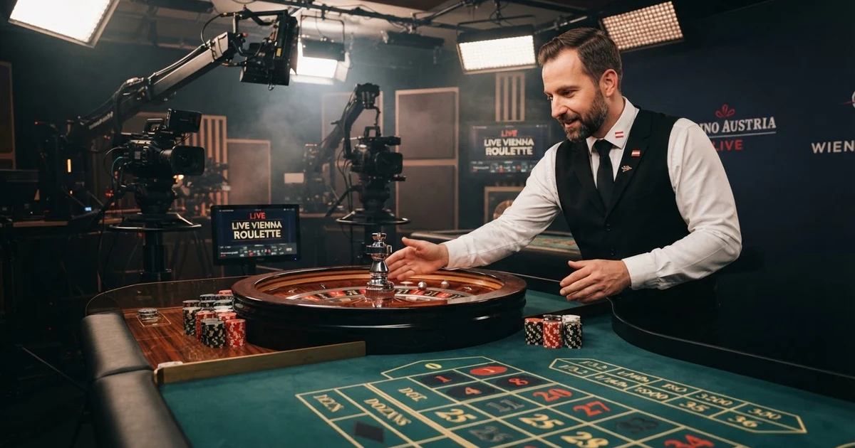 Ein Croupier in einem professionellen Casino-Studio bedient einen Live-Roulette-Tisch, umgeben von HD-Kameras und Beleuchtung