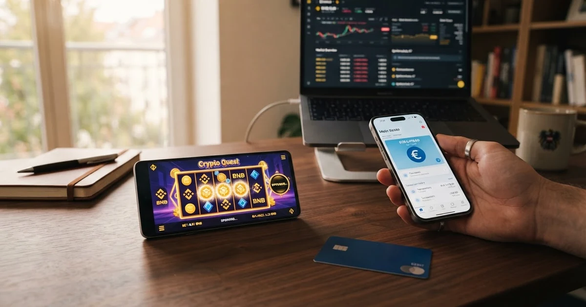 Binance-Coin-Logo und Casino-Chips auf einem Bildschirm mit Vergleichstabelle im Hintergrund
