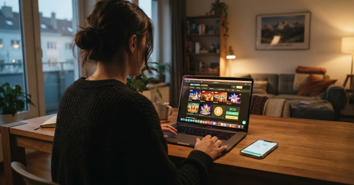 Eine Auswahl von Online-Casino-Startseiten auf einem Laptop-Bildschirm, daneben ein Smartphone mit geöffneter Krypto-Wallet und dem Bitcoin-Cash-Logo