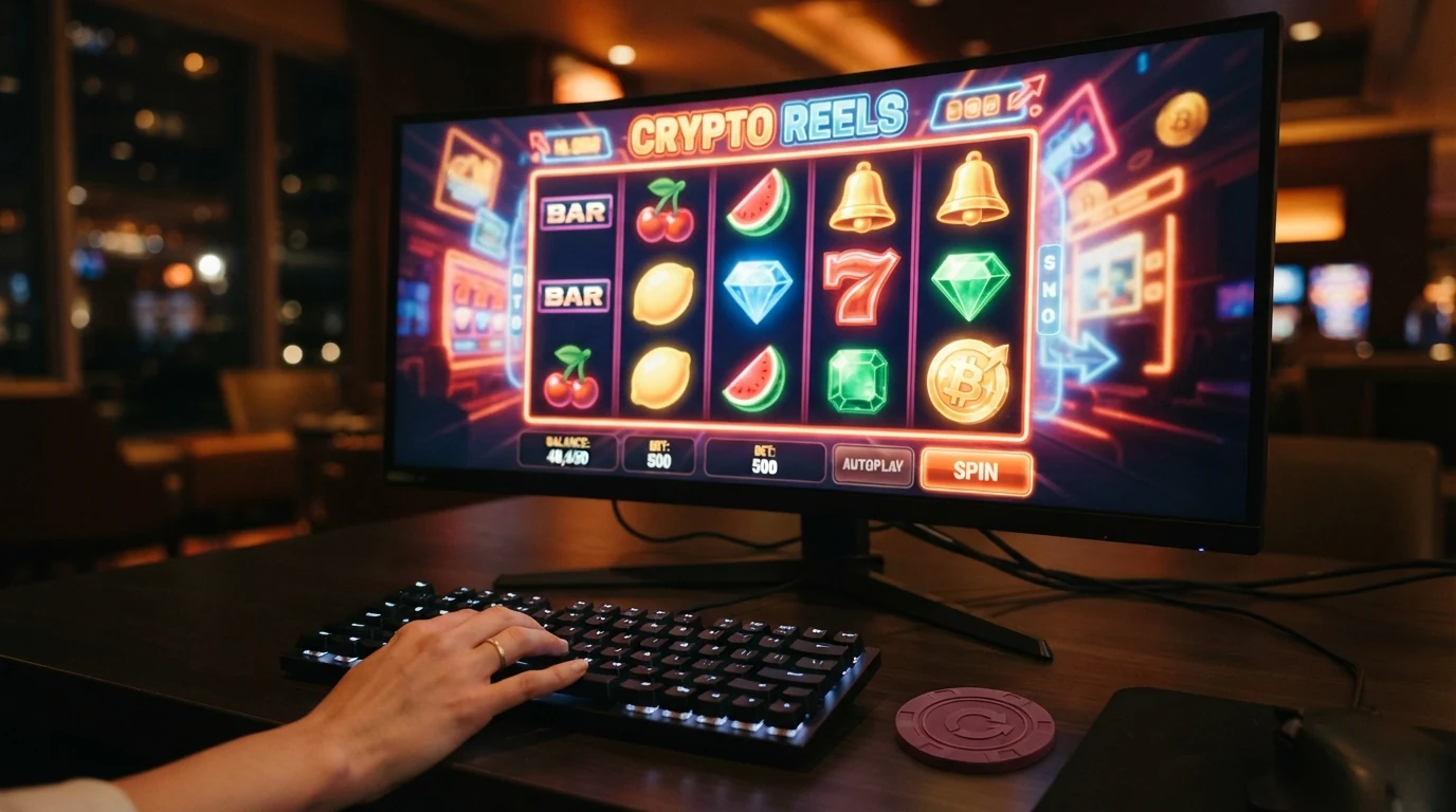 Spielbildschirm eines Bitcoin-Casino-Slots mit Walzen, Gewinnsymbolen und Krypto-Guthabenanzeige