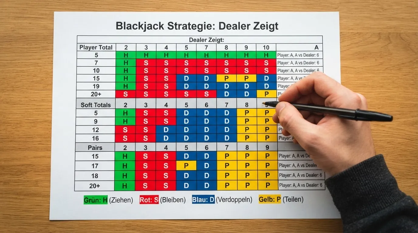 Eine übersichtliche Blackjack-Strategietabelle mit farblich markierten Aktionen — Hit, Stand, Double, Split — für jede Kombination aus Spielerhand und Dealer-Aufkarte