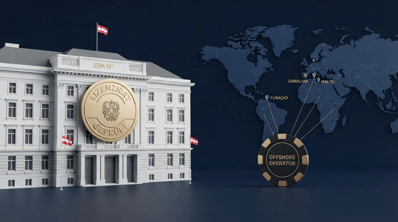 Eine stilisierte Gegenüberstellung: links das BMF-Gebäude mit dem offiziellen Konzessionssiegel, rechts eine Weltkarte mit Markierungen auf Malta, Gibraltar und Curaçao — den Jurisdiktionen, in denen die AT-Spieler-alternativen lizenziert sind