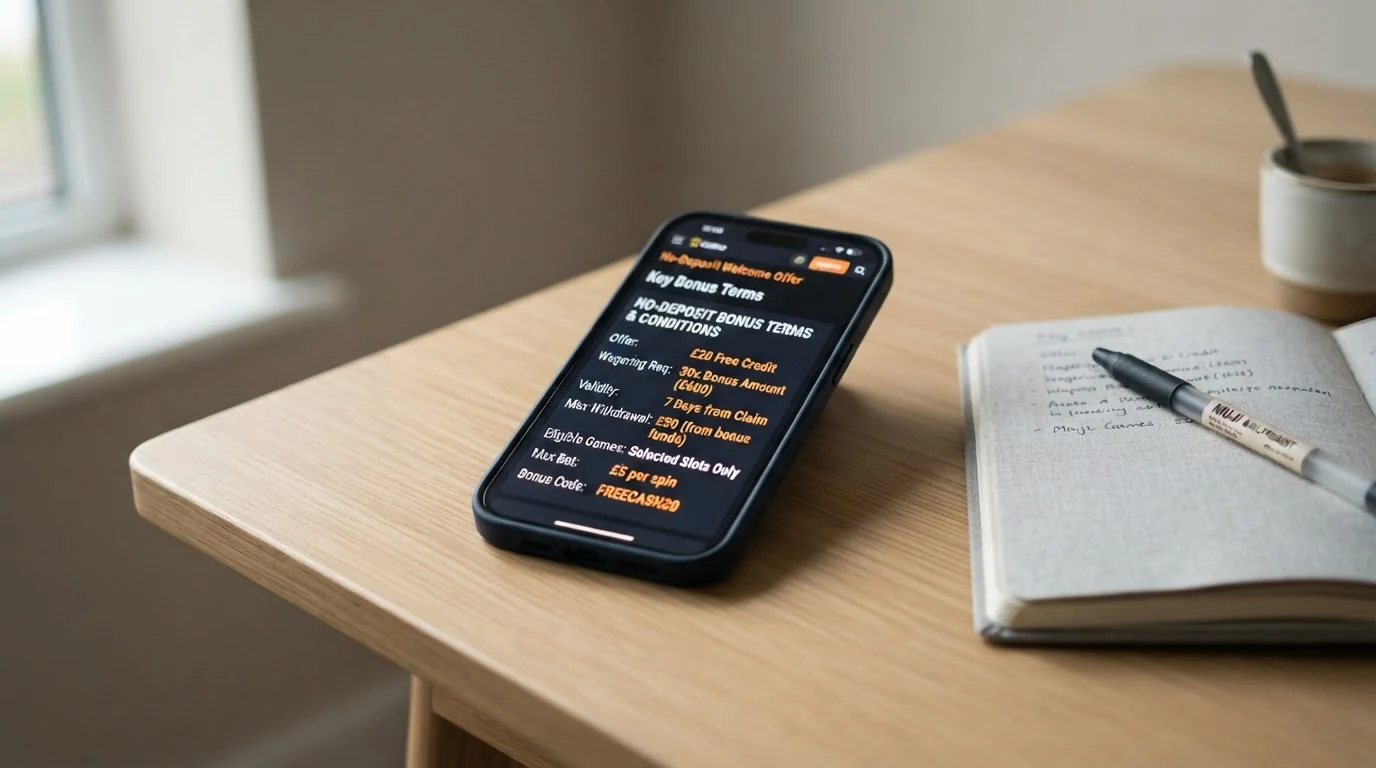Nahaufnahme eines Smartphones mit Bonusbedingungen im Vordergrund: Umsatzbedingungen, Gültigkeitsfrist und Auszahlungslimit als Texthervorhebung