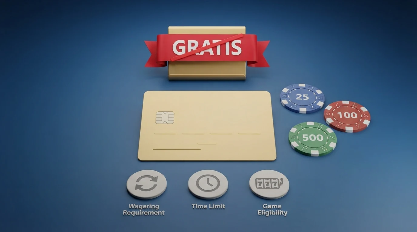 Eine stilisierte Darstellung eines 20-Euro-Scheins, der von einer durchgestrichenen „Gratis"-Schleife und drei Konditions-Icons (Umsatzbedingung, Zeitlimit, Slot-Beschränkung) umgeben ist
