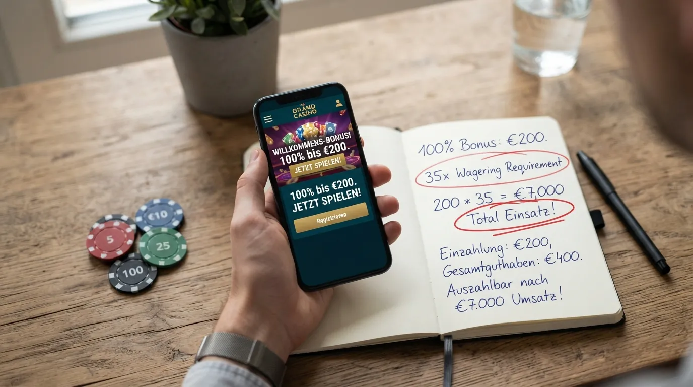 Eine stilisierte Rechnung: Ein €200-Bonus-Symbol mit einem grossen „×35“-Multiplikator und dem Ergebnis „€7.000 Umsatzforderung“