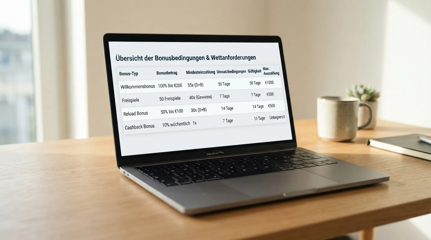 Nahaufnahme eines Casino-Bildschirms mit einer Tabelle voller Bonusbedingungen, Wettanforderungen und Fristen