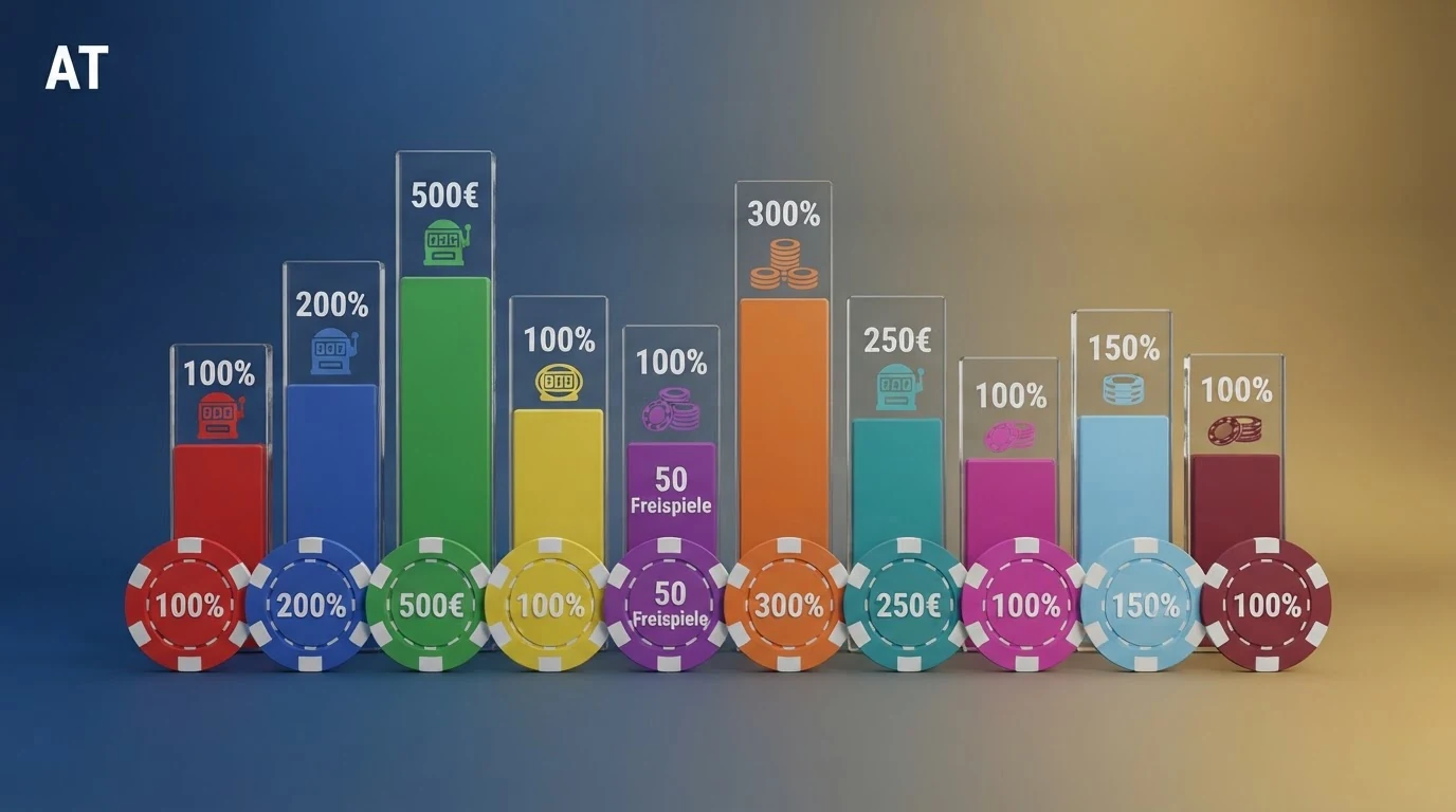 Eine Übersichtstabelle mit Casino-Logos, Bonus-Prozentangaben und Freispiel-Symbolen nebeneinander — der visuelle Direktvergleich der Angebote