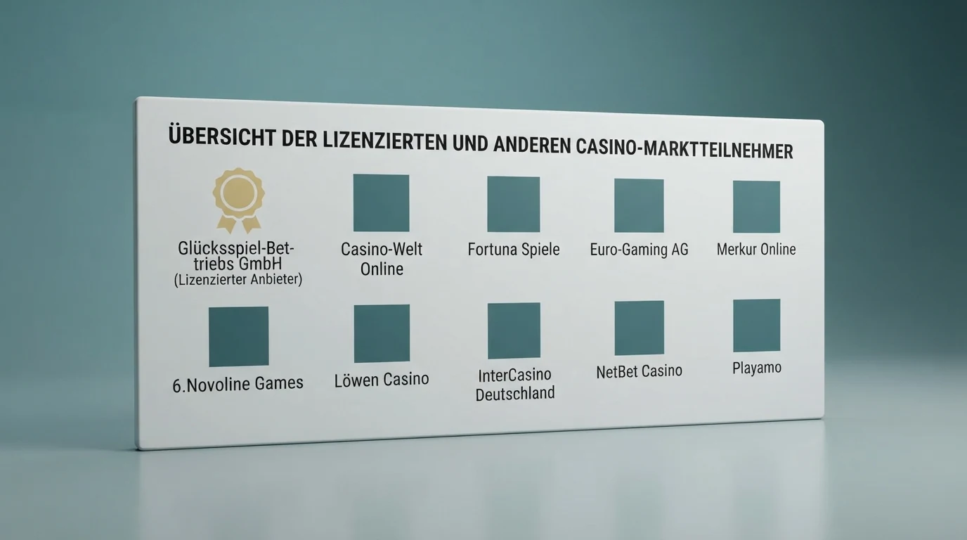 Eine Übersicht mit zehn Casino-Logos oder Kacheln in einer Vergleichstabelle — farblich abgesetzt der lizenzierte Anbieter und die nicht-lizenzierten Marken