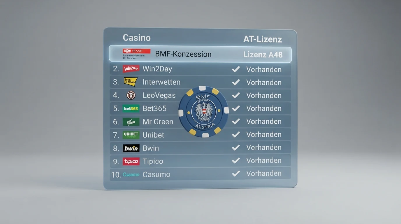 Vergleichstabelle mit zehn Online-Casino-Anbietern, ihren Willkommensboni, Umsatzbedingungen und AT-Lizenzstatus